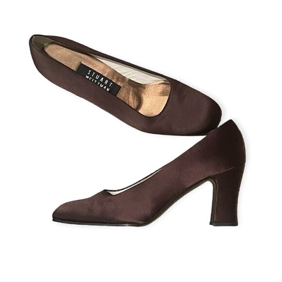 Stuart Weitzman Chocolate Brown Satin Classic Square Toe Heels Shoes Size 6.5 - Picture 3 of 10
